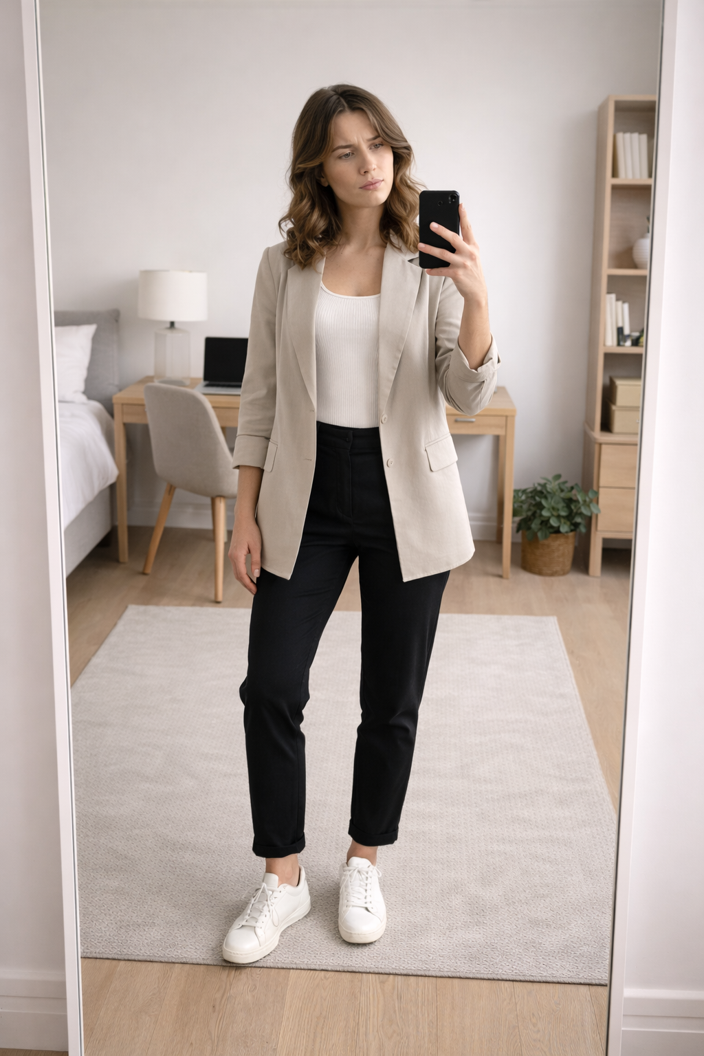 Outfit decision flow on phone: quick in-store or at-home outfit check.
